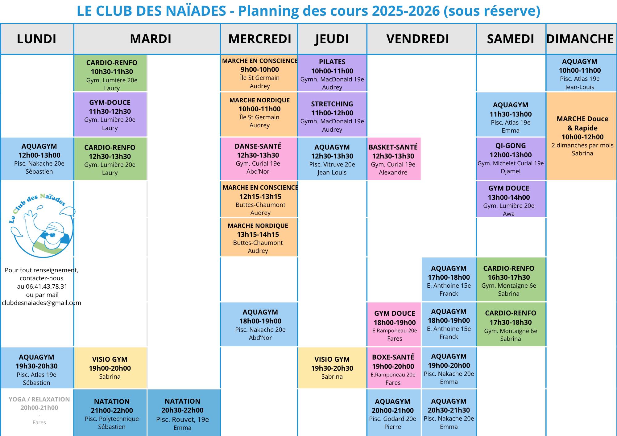 Club des Naïades - Planning 2025-2026 (sous réserve) 010825