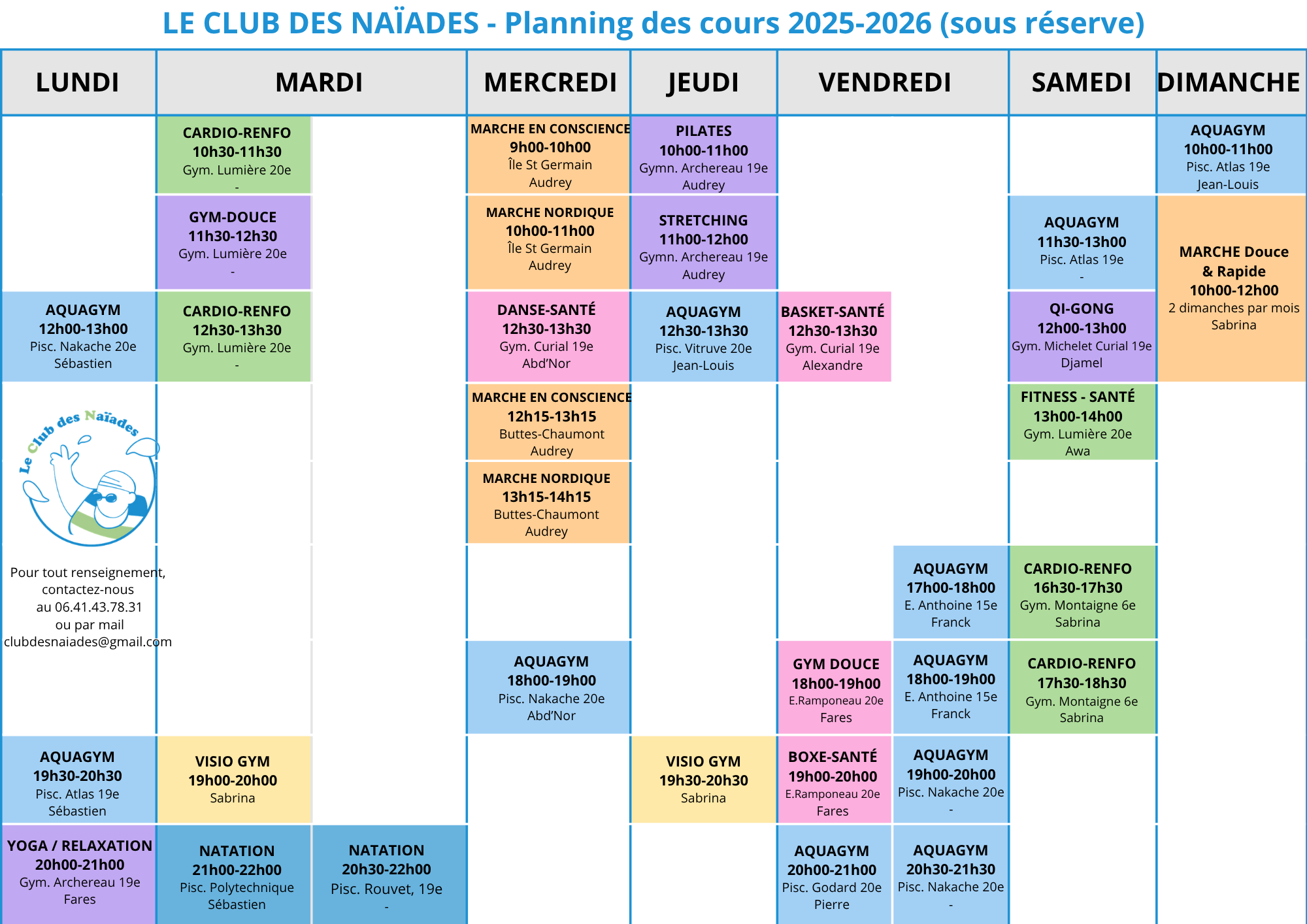 Club des Naïades - Planning 2025-2026 (sous réserve)