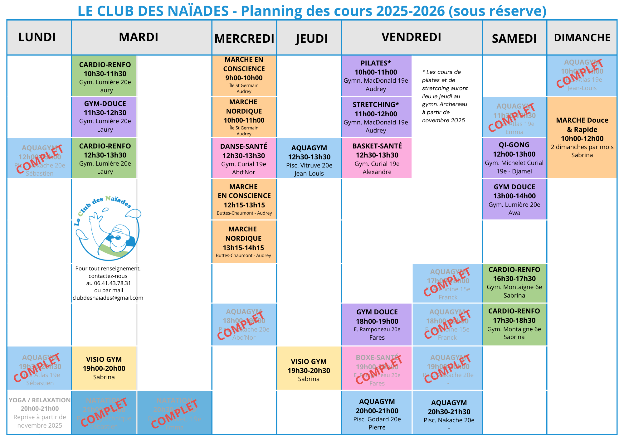 Club des Naïades- Planning 2025-2026 au 010925
