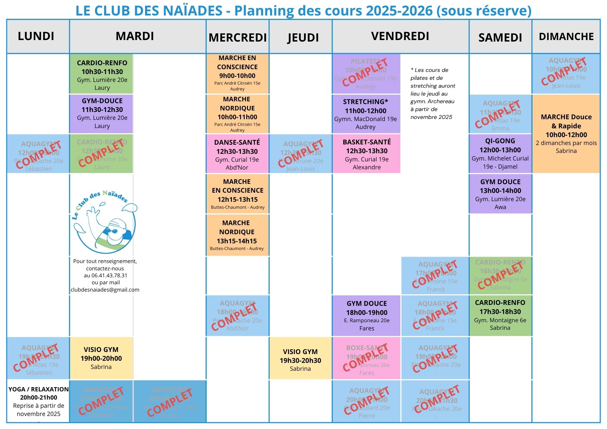 Club des Naïades- Planning 2025-2026 au 011025
