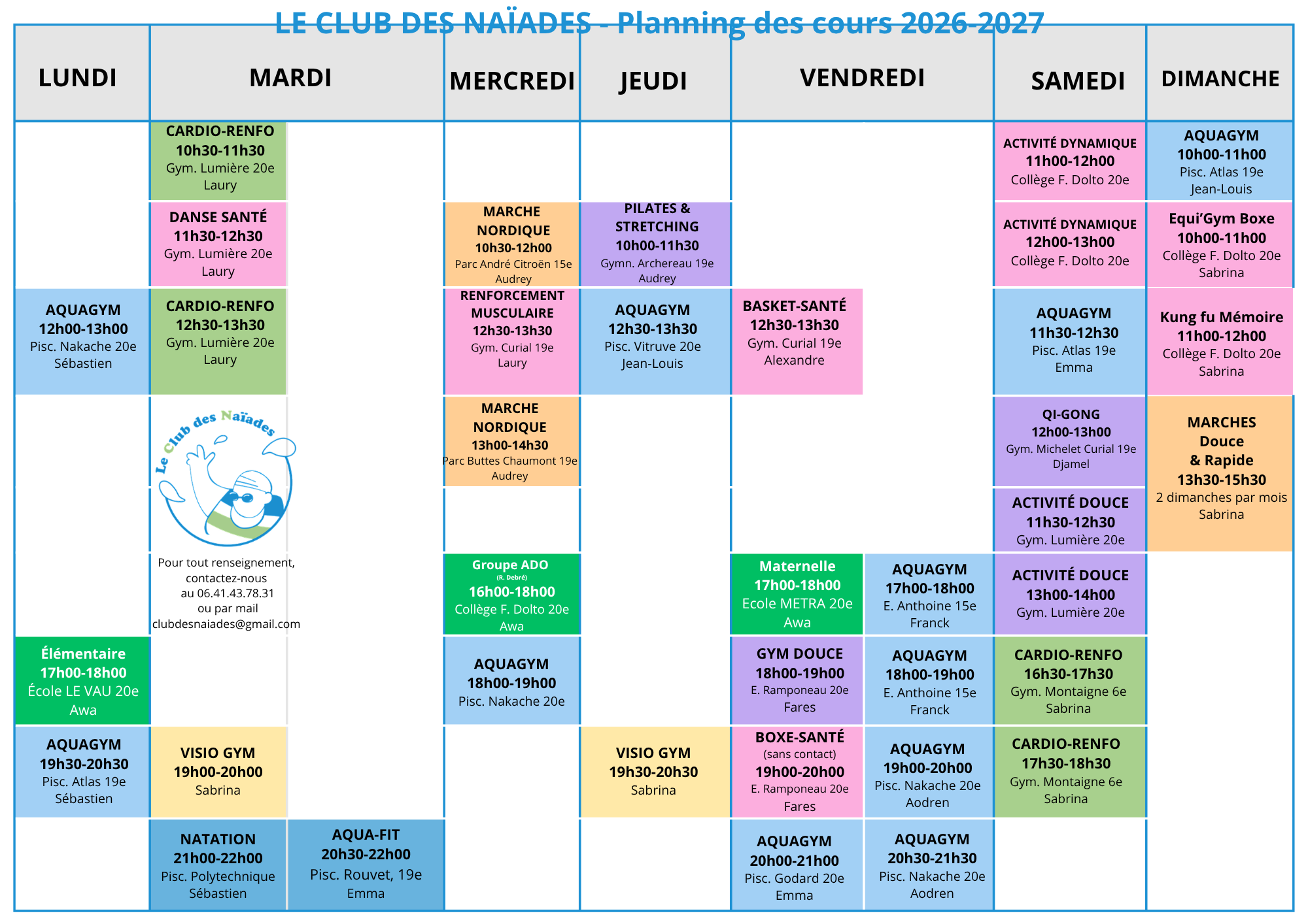 Saison 2026-2027 - Planning des cours