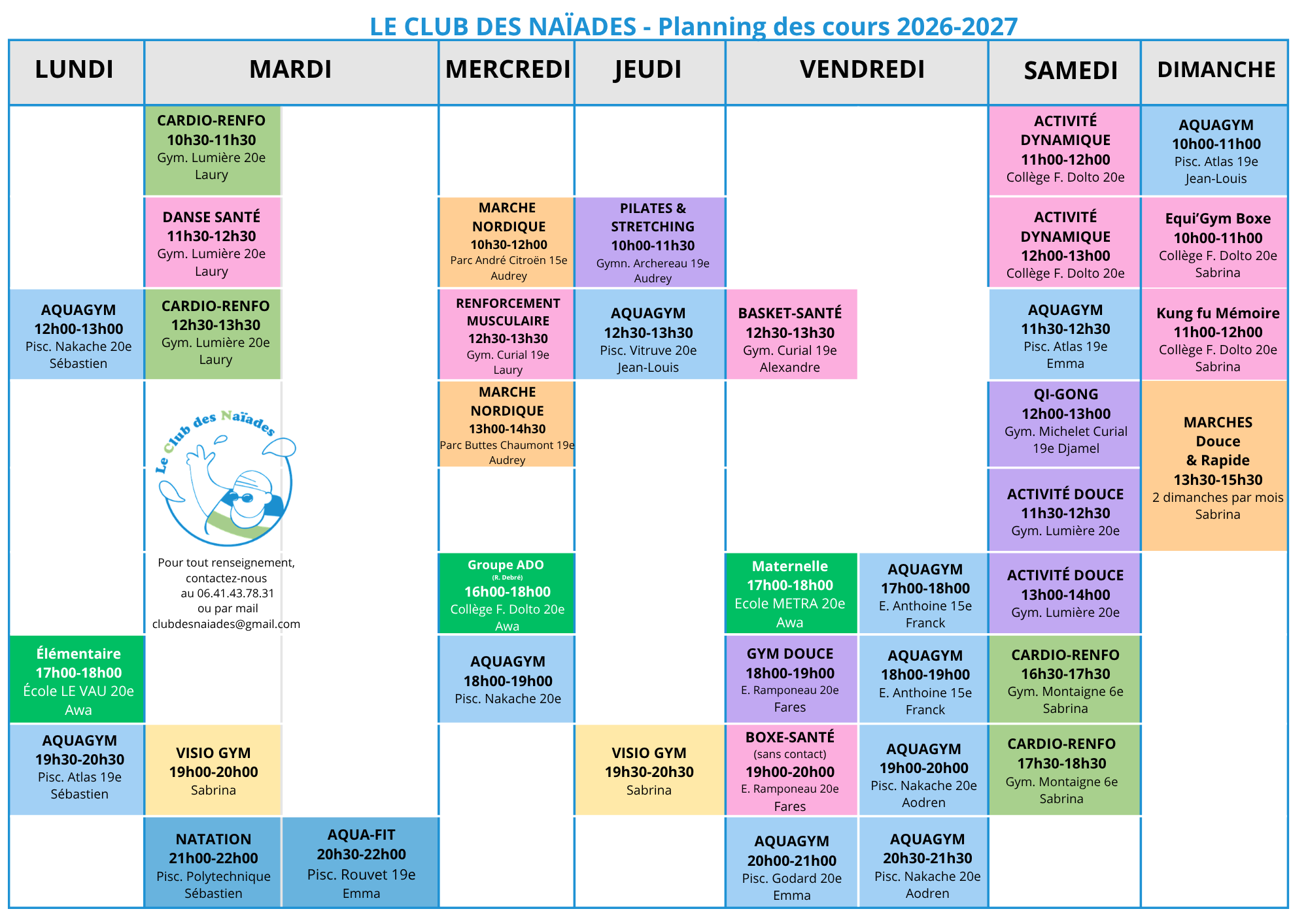 Saison 2026-2027 - Planning des cours